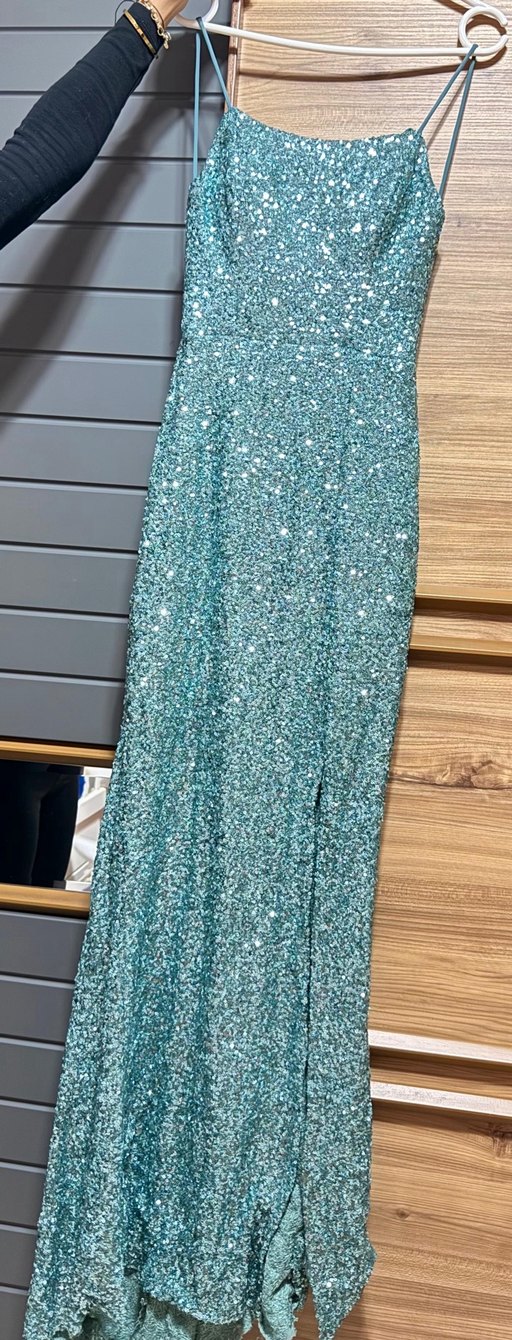 Payetli turkuaz  İşlemeli Uzun abiye elbise - Görsel 2