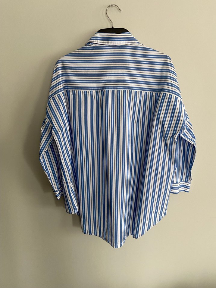 Mavi Çizgili Uzun Kollu Kadın Gömlek - Görsel 3