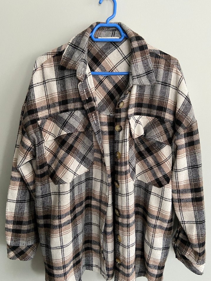 Düğmeli Kahverengi Kareli Pamuklu Gömlek - Görsel 2