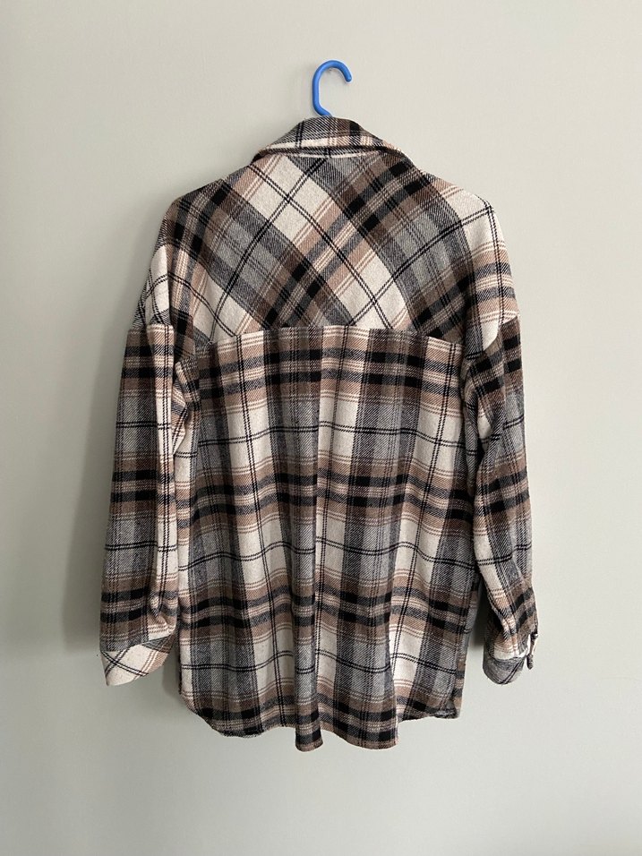 Düğmeli Kahverengi Kareli Pamuklu Gömlek - Görsel 3