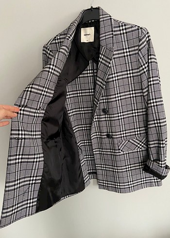 Düğmeli Gri Ekose Kadın Blazer Ceket - Görsel 4