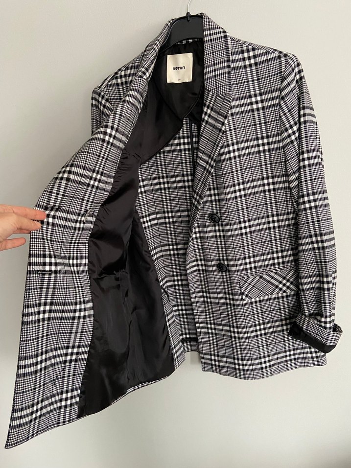 Düğmeli Gri Ekose Kadın Blazer Ceket - Görsel 4