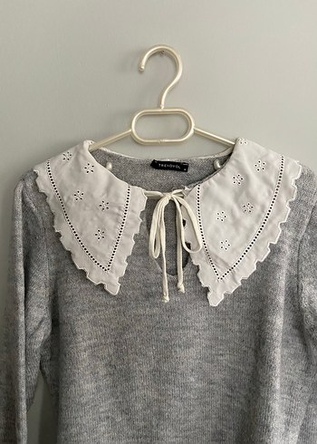 Nakışlı Gri Örgü Kadın Kazak - Görsel 2