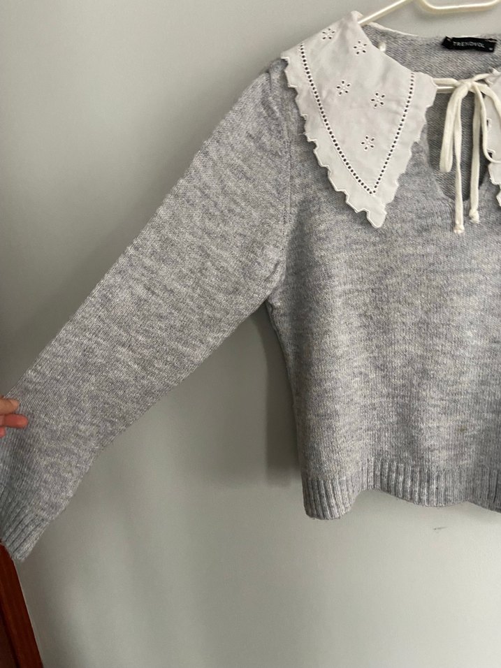 Nakışlı Gri Örgü Kadın Kazak - Görsel 4