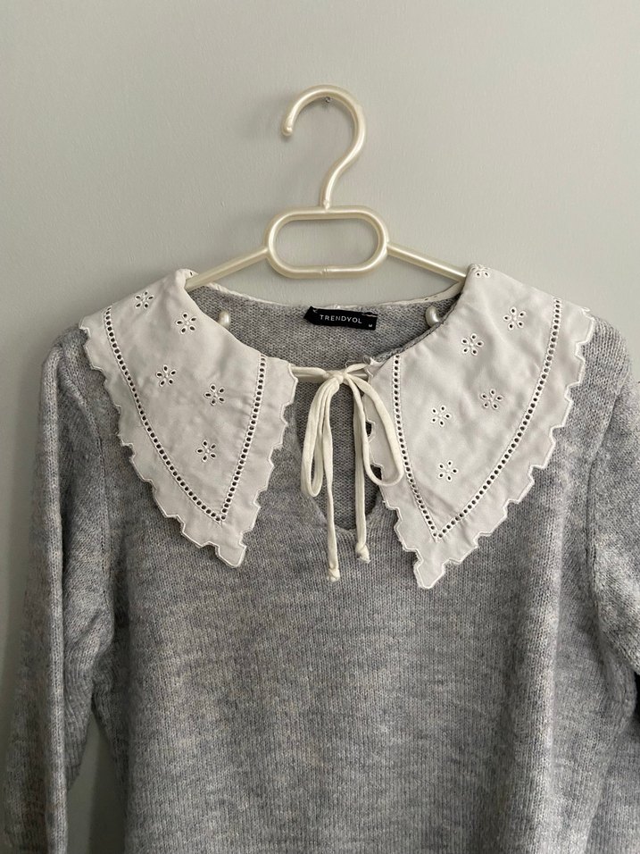 Nakışlı Gri Örgü Kadın Kazak - Görsel 2