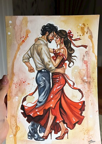 Parlak Kırmızı Elbiseli Dans Eden Çift Tablosu - Görsel 3