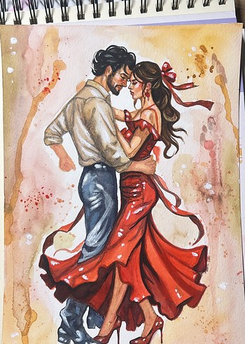 Parlak Kırmızı Elbiseli Dans Eden Çift Tablosu - Görsel 5