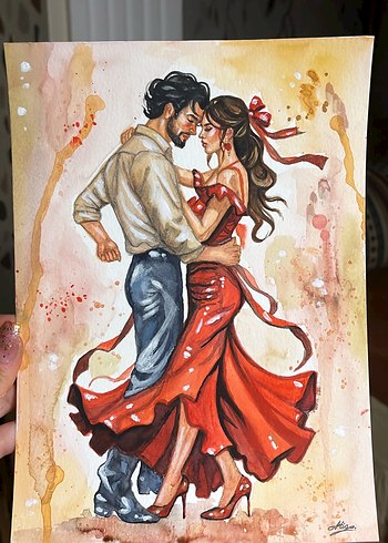 Parlak Kırmızı Elbiseli Dans Eden Çift Tablosu - Görsel 2