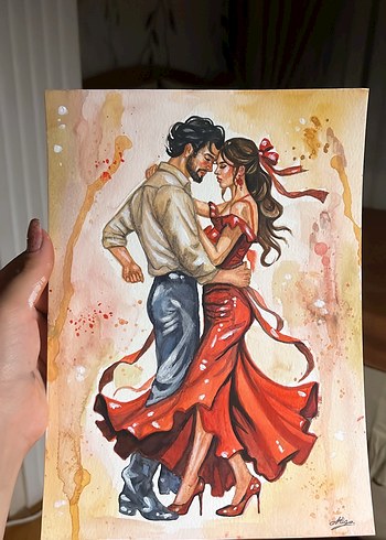 Parlak Kırmızı Elbiseli Dans Eden Çift Tablosu - Görsel 4