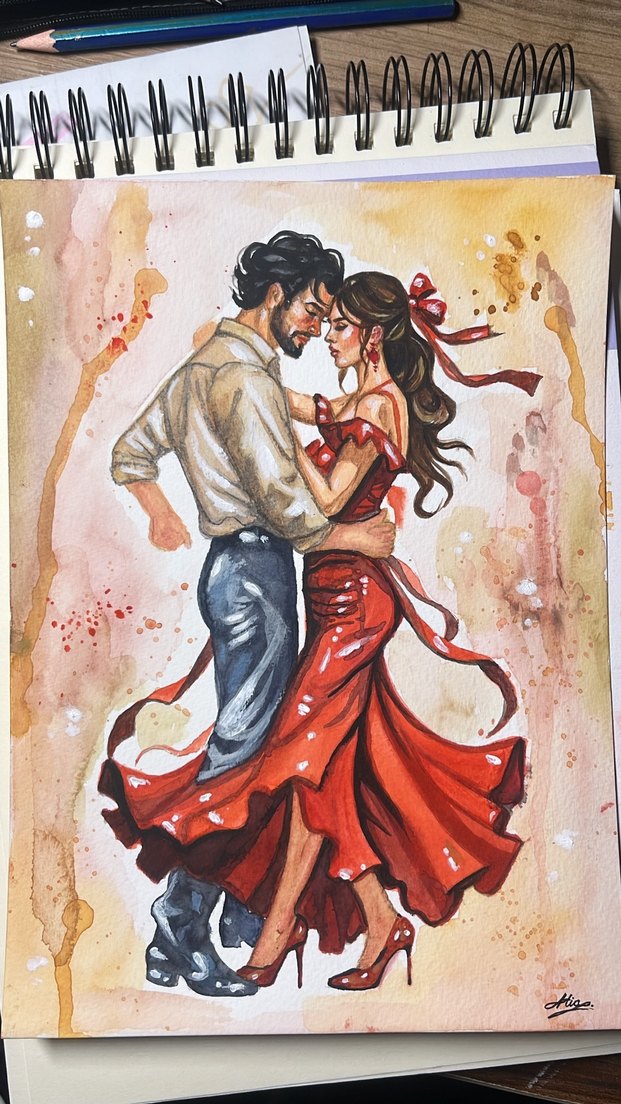 Parlak Kırmızı Elbiseli Dans Eden Çift Tablosu - Görsel 5