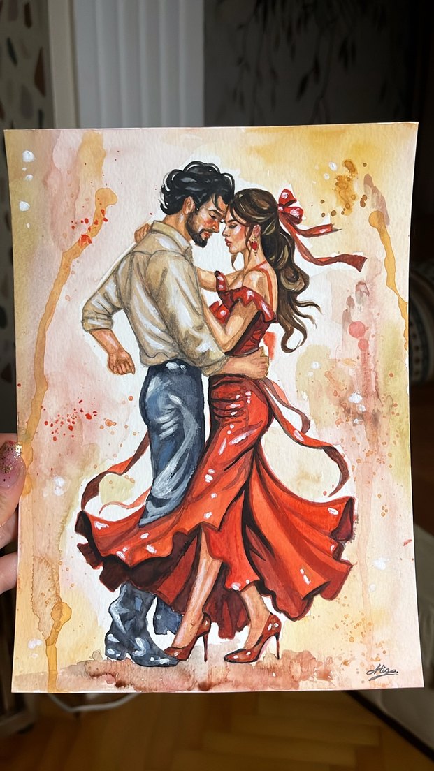 Parlak Kırmızı Elbiseli Dans Eden Çift Tablosu - Görsel 2