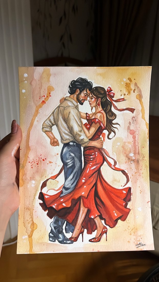 Parlak Kırmızı Elbiseli Dans Eden Çift Tablosu - Görsel 4