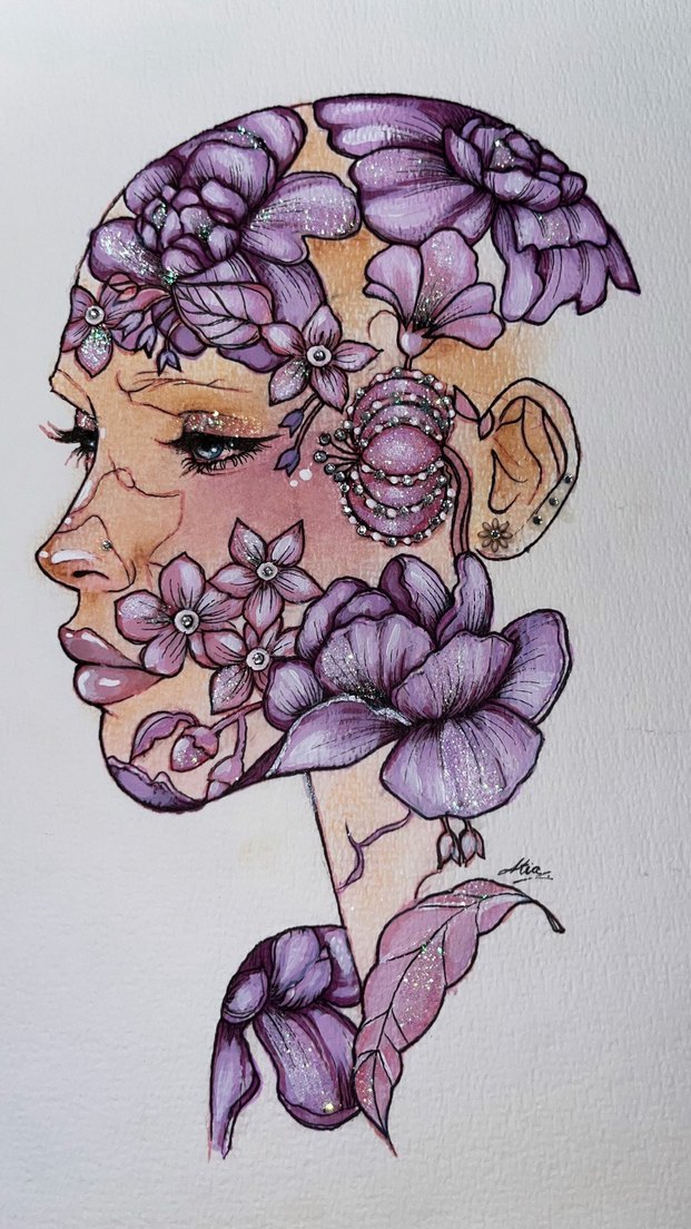 Pastel Mor Çiçek Temalı Portre Resmi - Görsel 2