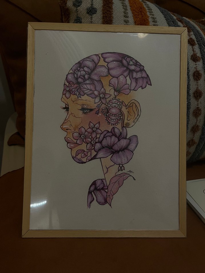 Pastel Mor Çiçek Temalı Portre Resmi - Görsel 5