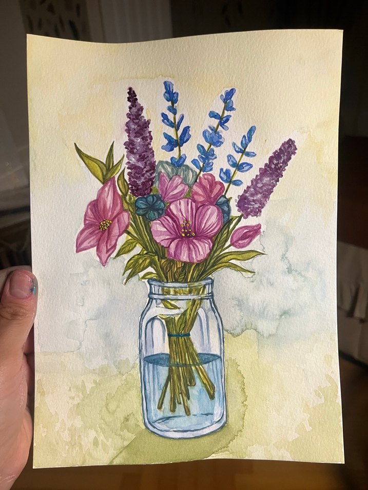 Mor Pastel Çiçekler ve Kavanoz Sulu Boya Tablo - Görsel 3