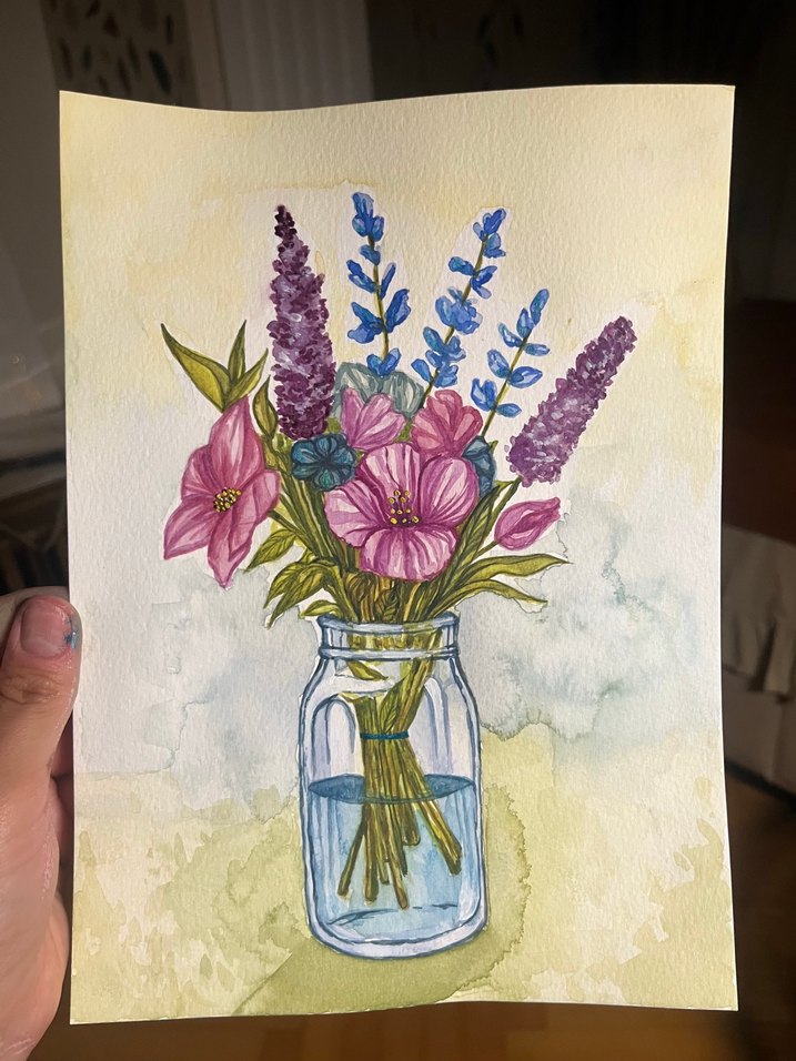 Mor Pastel Çiçekler ve Kavanoz Sulu Boya Tablo - Görsel 4