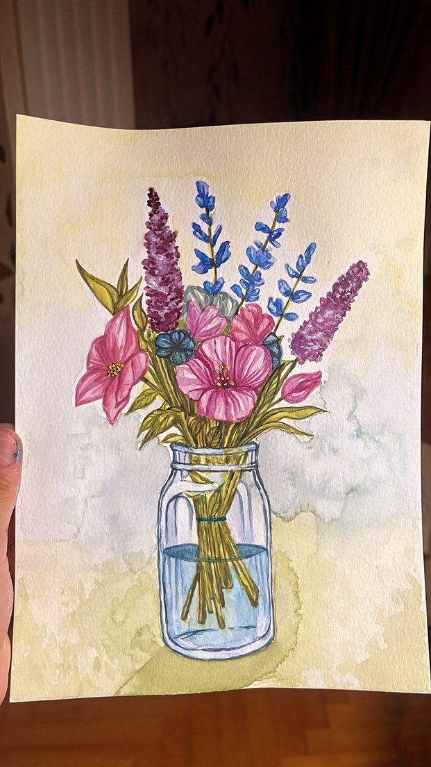 Mor Pastel Çiçekler ve Kavanoz Sulu Boya Tablo - Görsel 2