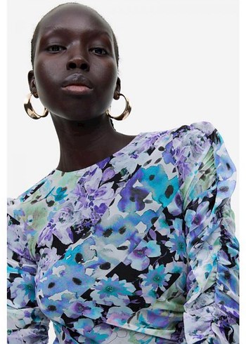 H&M Çiçek Desenli Drapeli Kısa Elbise 36 beden uzun kollu - Görsel 3