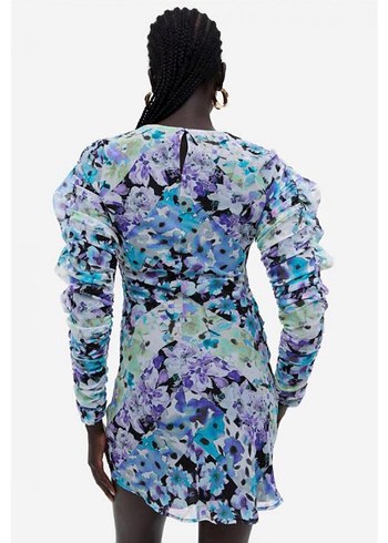 H&M Çiçek Desenli Drapeli Kısa Elbise 36 beden uzun kollu - Görsel 4