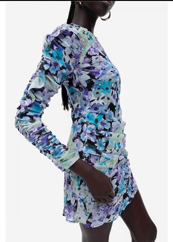 H&M Çiçek Desenli Drapeli Kısa Elbise 36 beden uzun kollu - Görsel 2