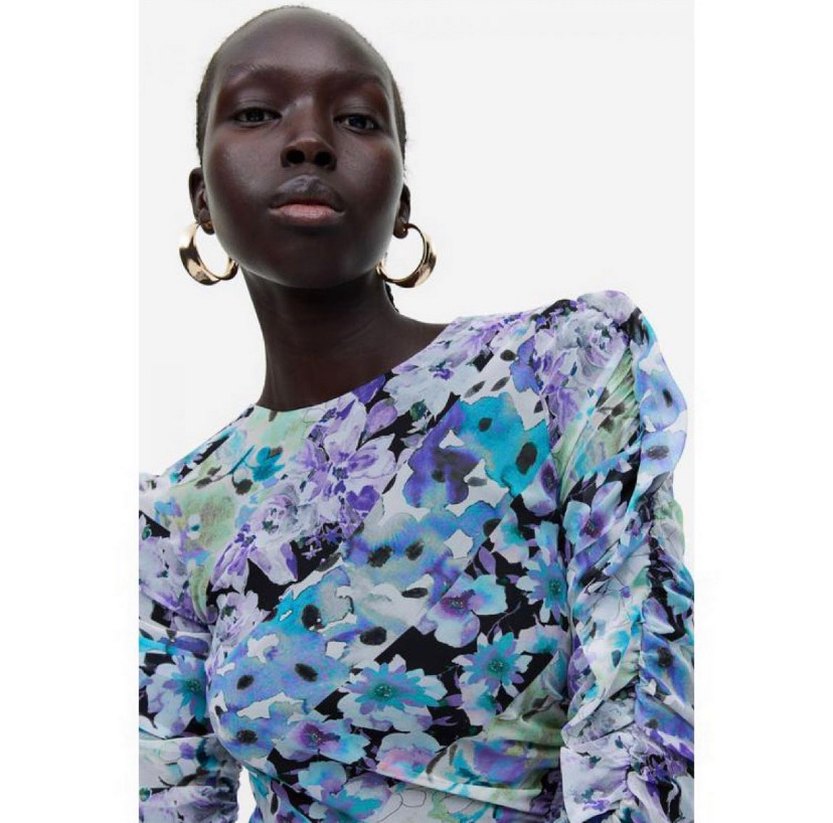 H&M Çiçek Desenli Drapeli Kısa Elbise 36 beden uzun kollu - Görsel 3