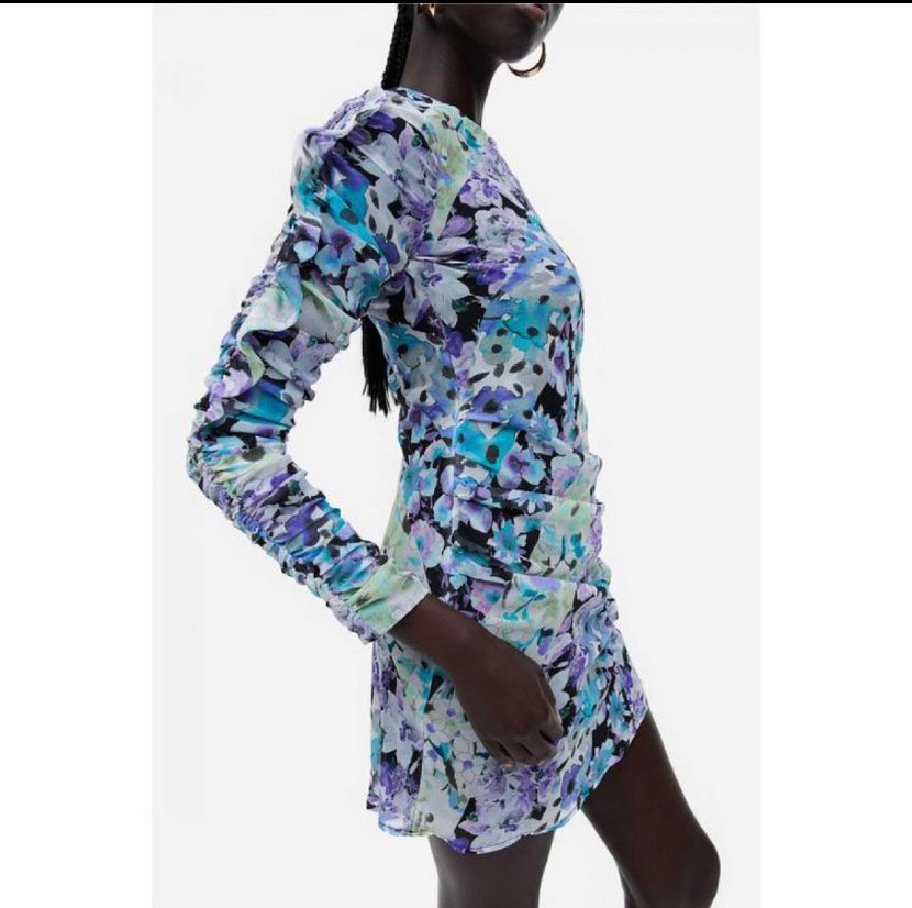 H&M Çiçek Desenli Drapeli Kısa Elbise 36 beden uzun kollu - Görsel 2