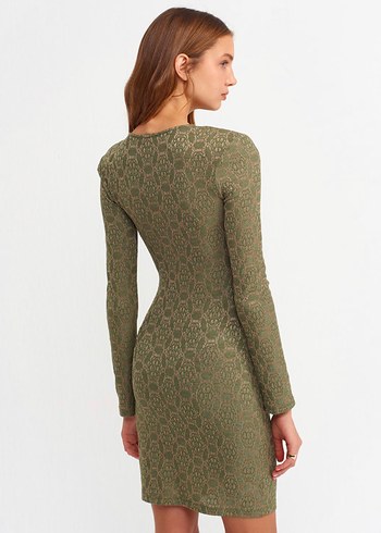 Vatkalı marka Desenli Mini Elbise-Yeşil 38 beden likralı - Görsel 2