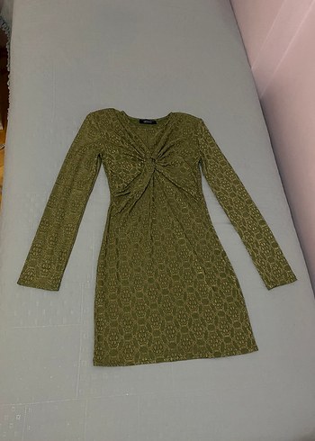 Vatkalı marka Desenli Mini Elbise-Yeşil 38 beden likralı - Görsel 4