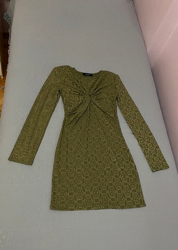 Vatkalı marka Desenli Mini Elbise-Yeşil 38 beden likralı - Görsel 6