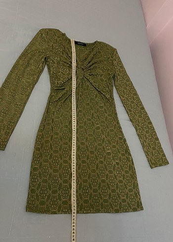 Vatkalı marka Desenli Mini Elbise-Yeşil 38 beden likralı - Görsel 5