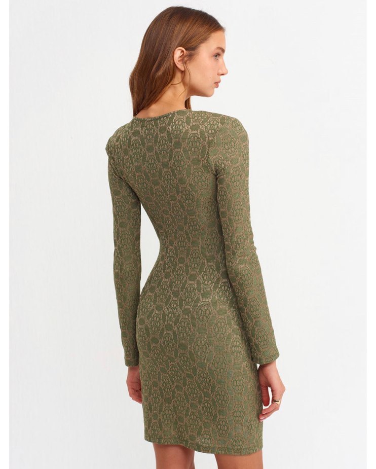 Vatkalı marka Desenli Mini Elbise-Yeşil 38 beden likralı - Görsel 2