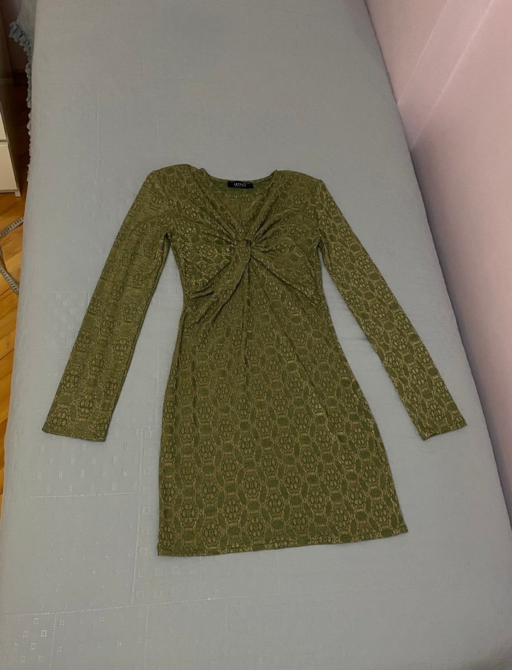 Vatkalı marka Desenli Mini Elbise-Yeşil 38 beden likralı - Görsel 4