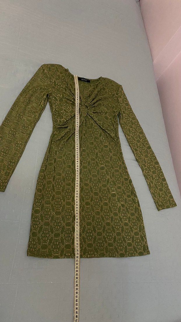 Vatkalı marka Desenli Mini Elbise-Yeşil 38 beden likralı - Görsel 5