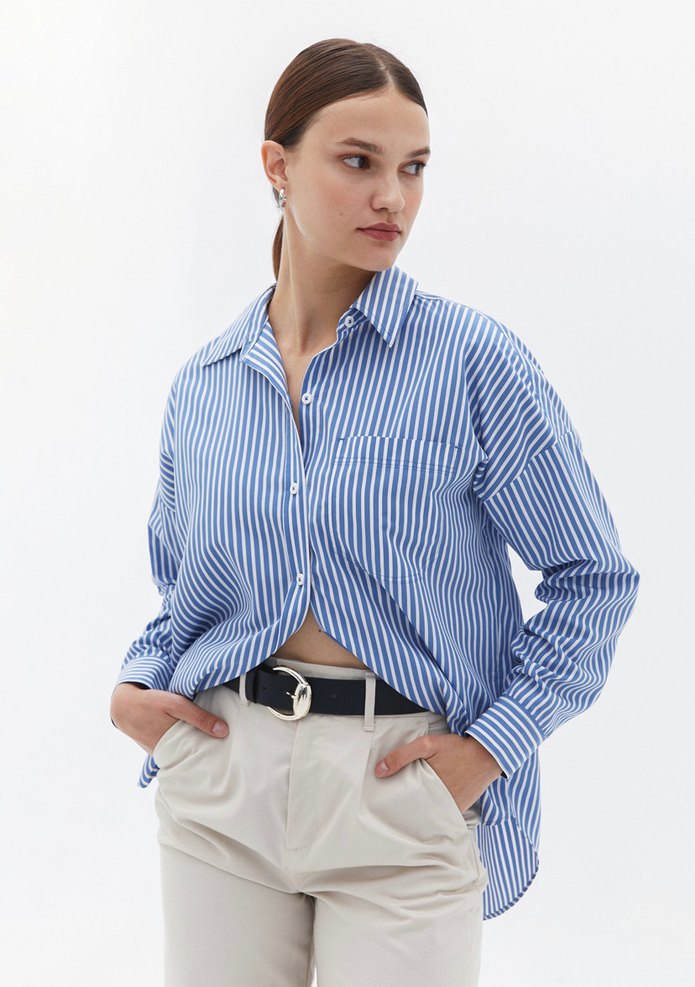 OXXO Mavi Oversize Cepli Çizgili Gömlek 38 beden mavi ve beyaz - Görsel 3