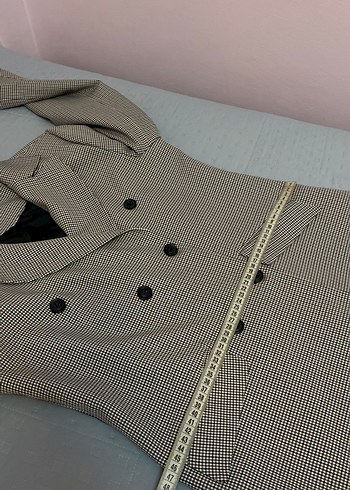 Kadın Gri Ekose Desenli Kruvaze Blazer Ceket - Görsel 7