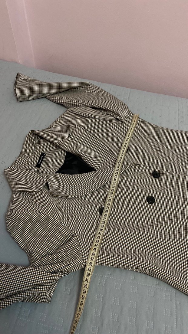 Kadın Gri Ekose Desenli Kruvaze Blazer Ceket - Görsel 5