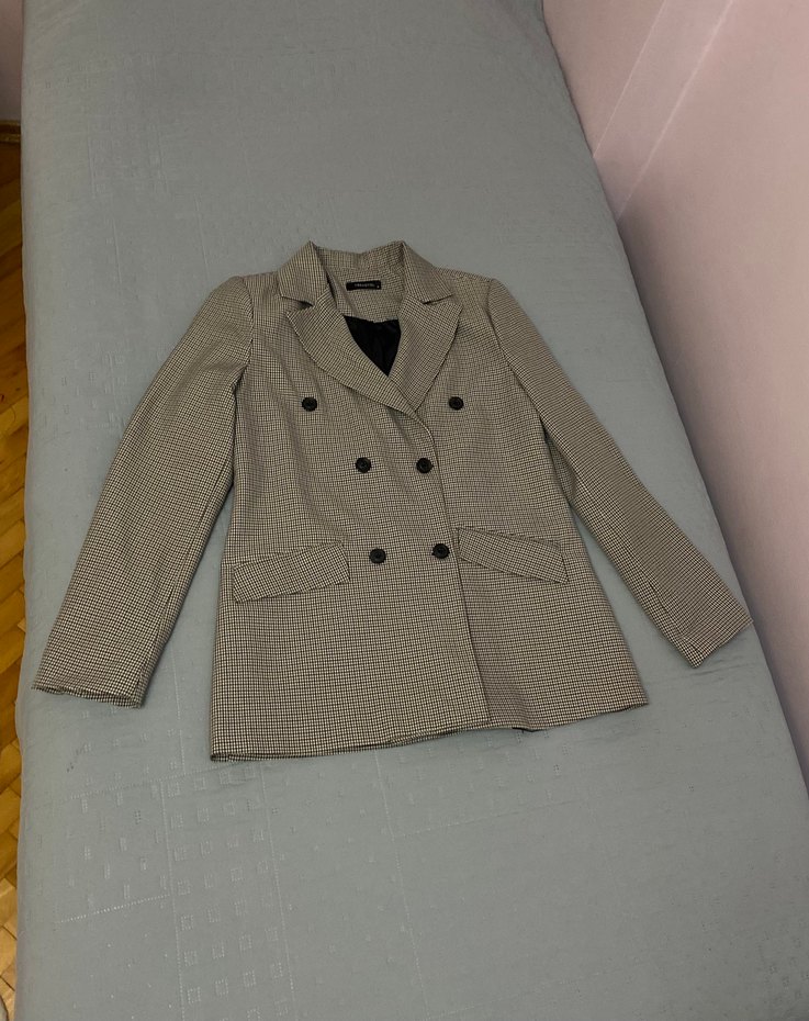 Kadın Gri Ekose Desenli Kruvaze Blazer Ceket - Görsel 3