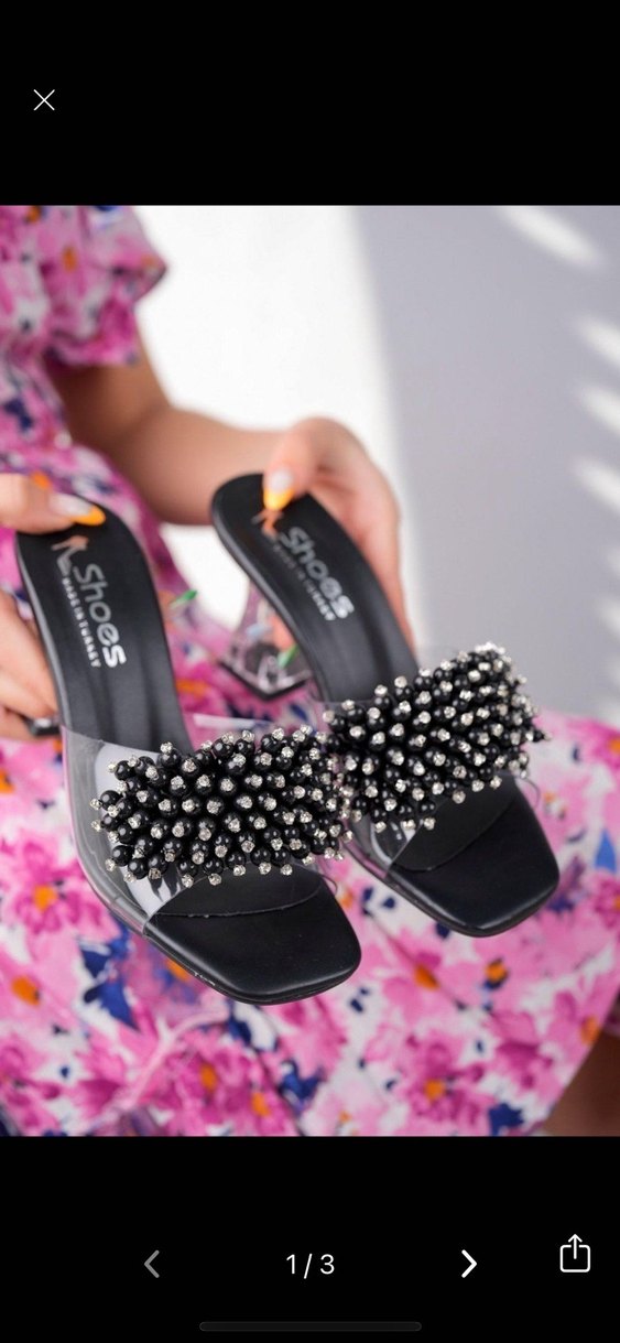 Siyah Parlak Taşlı Blok Topuklu Kadın Terlik - Görsel 2