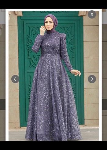 Uzun Mor V Yaka Desenli Abiye Elbise - Görsel 2