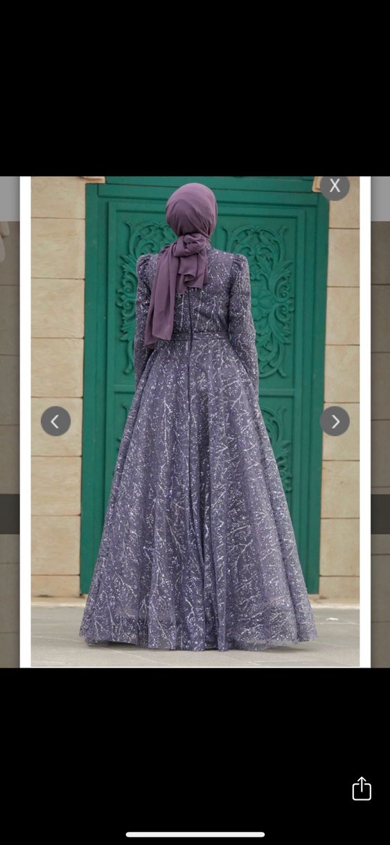 Uzun Mor V Yaka Desenli Abiye Elbise - Görsel 3