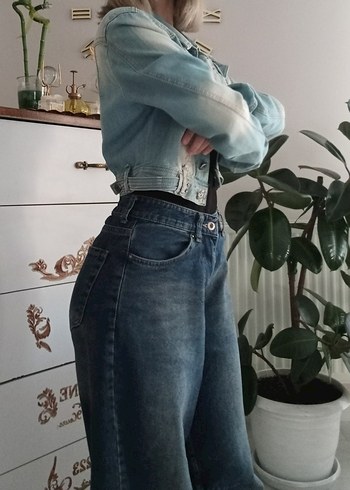 s Beden Kadın Kısa Kesim Bağlama Desenli Denim Ceket Crop