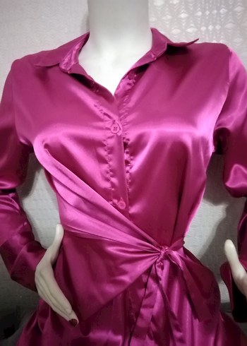 Pembe Uzun Kollu Parlak Kadın saten elbise - Görsel 3