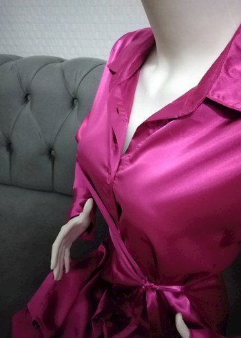 Pembe Uzun Kollu Parlak Kadın saten elbise - Görsel 9