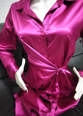 Pembe Uzun Kollu Parlak Kadın saten elbise - Görsel 8