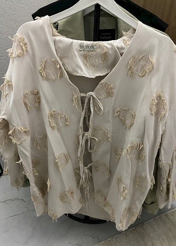 Bej Nakışlı Dantel Detaylı Kısa Kimono - Görsel 2