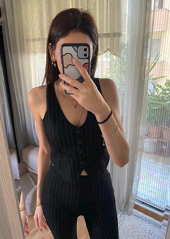 s Beden siyah Renk Siyah Çizgili Transparan Denim Halter Yelek