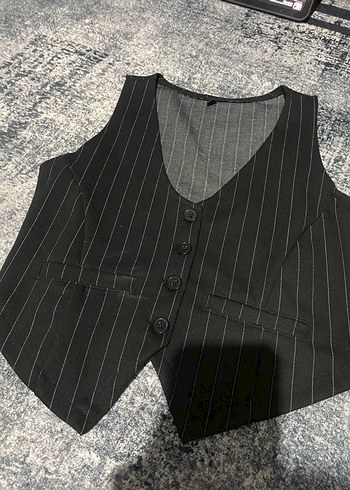 s Beden Siyah Çizgili Transparan Denim Halter Yelek