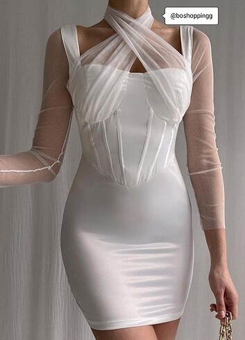 Beyaz After Party korse saten elbise 