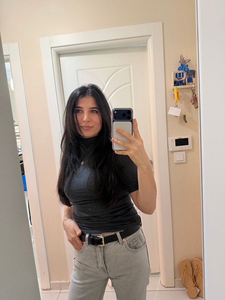 Payet Detaylı Gri Midi Kot Pantolon - Görsel 2