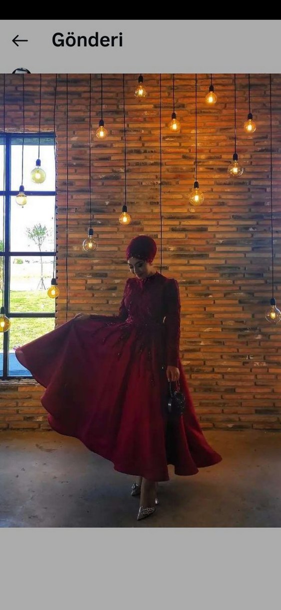 Bordo Kolları Tüy Detaylı Kadın Nişan Kına Şık Abiye - Görsel 4